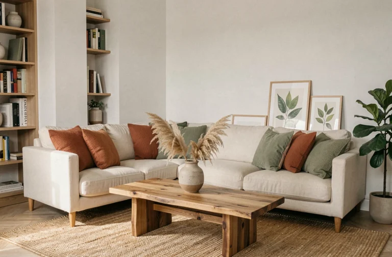 Salon minimaliste scandinave avec canapé en lin crème, coussins terracotta, table en chêne brut et plantes vertes pour une déco intérieure tendance