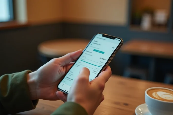Consultation d'un prélèvement Siaci Saint Honoré sur une application bancaire mobile dans un café