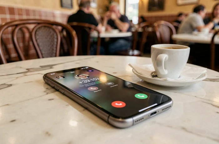 Smartphone posé sur une table de café affichant un appel entrant depuis l'Italie avec l'indicatif +39