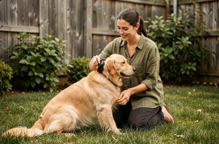 Femme prenant soin de son golden retriever en le brossant dans le jardin