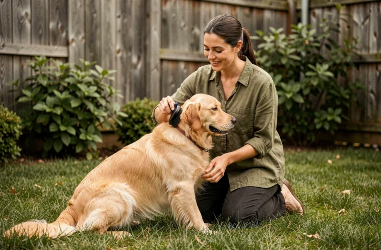 Femme prenant soin de son golden retriever en le brossant dans le jardin