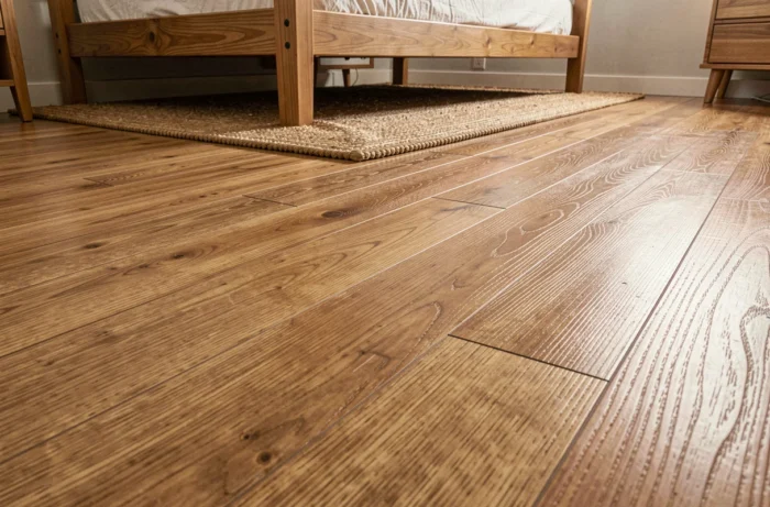 Sol en vinyle imitation bois chêne moyen dans une chambre de garçon, avec texture de grain embossé et joints de lames réalistes