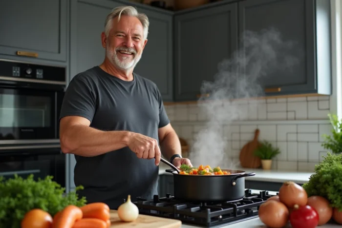Homme faisant mijoter une soupe de légumes maison sur une cuisinière moderne dans une cuisine familiale