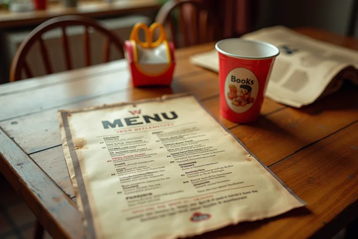 Flat lay nostalgique d'objets souvenirs de chaînes de restaurants françaises disparues : menu plastifié, figurine jouet, gobelet et set de table vintage des années 90