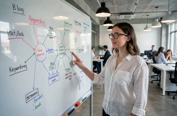Stratège en marketing digital présentant un schéma de réseau de blogs privés sur un tableau blanc en agence