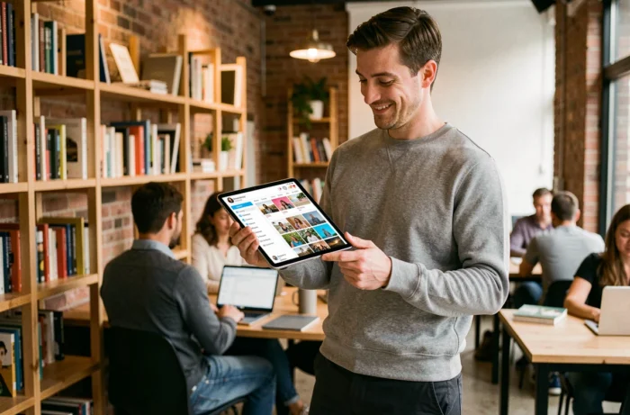 Jeune professionnel en télétravail planifiant une stratégie de contenu sur les réseaux sociaux depuis un espace de coworking tendance