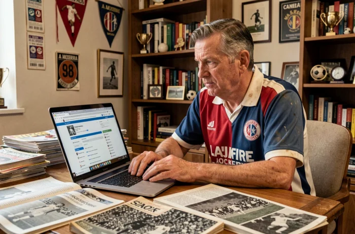 Supporter de l'AJ Auxerre explorant des archives historiques du forum AJA 1905 sur son ordinateur portable entouré de memorabilia du club