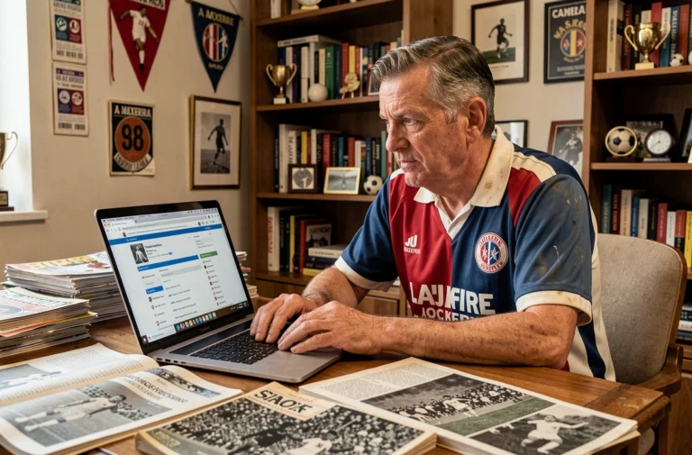 Supporter de l'AJ Auxerre explorant des archives historiques du forum AJA 1905 sur son ordinateur portable entouré de memorabilia du club