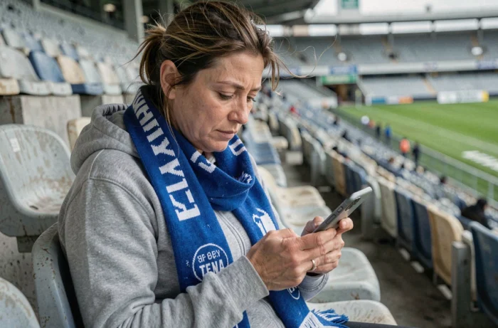 Supportrice de l'AJ Auxerre consultant le forum AJA 1905 sur smartphone dans les tribunes du stade
