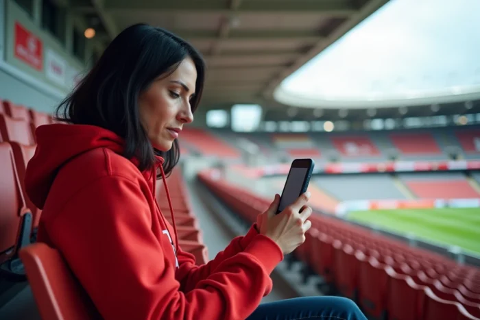 Supportrice de l'AS Monaco consultant ASM Vizu sur smartphone dans les tribunes du Stade Louis-II