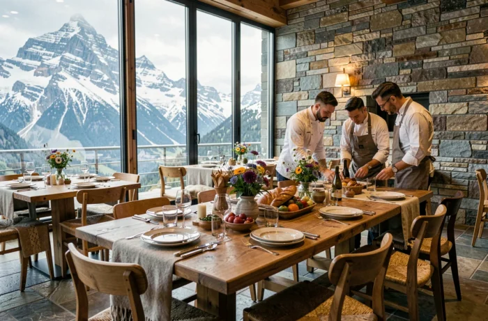 Salle de restaurant gastronomique en montagne avec vue panoramique sur les Alpes françaises enneigées