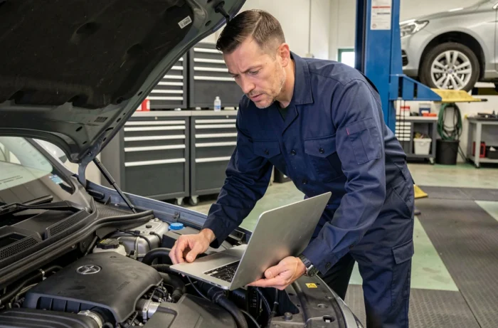 Technicien automobile connectant un ordinateur portable au port OBD d'un moteur lors d'une reprogrammation moteur Shiftech en atelier