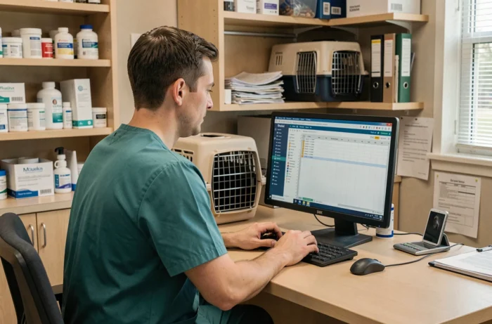 Technicien vétérinaire masculin utilisant un logiciel de gestion de réseau de cliniques sur ordinateur de bureau