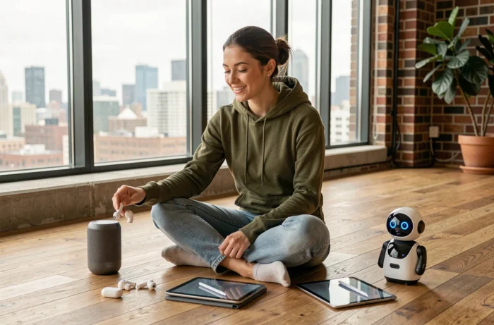 Jeune femme entourée de gadgets high-tech innovants dans un loft moderne avec vue urbaine