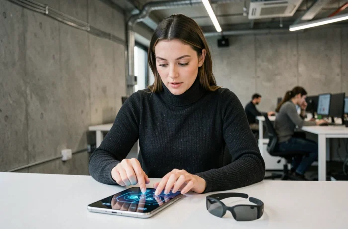 Femme utilisant un smartphone pliable et des lunettes de réalité augmentée dans un espace de travail technologique moderne