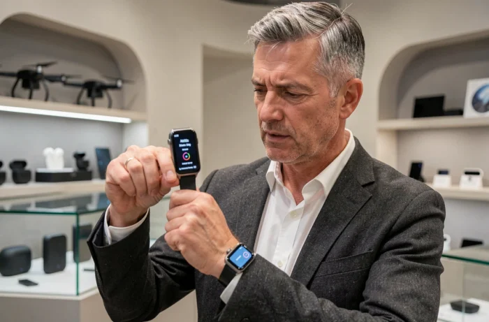 Homme examinant une montre connectée dernière génération dans un showroom high-tech contemporain