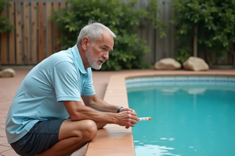 Homme testant le pH d'une piscine au sel avec une bandelette de test, dépôts de calcaire visibles sur le carrelage de la piscine