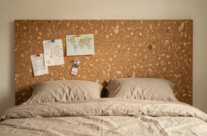 Tête de lit en panneau de liège naturel monté au mur dans une chambre de garçon, avec cartes et dessins épinglés dessus