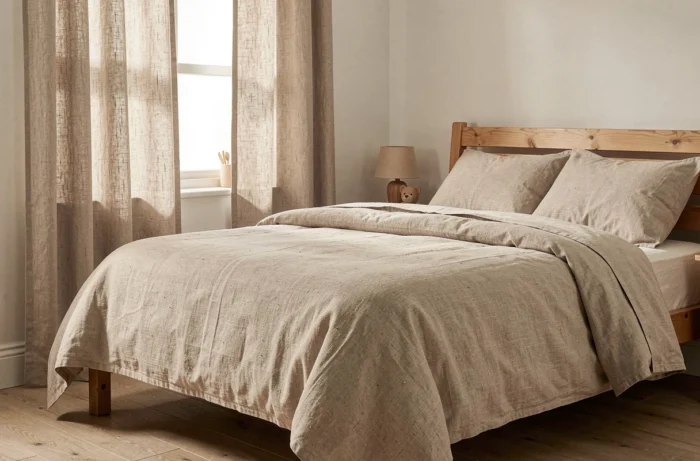 Ensemble coordonné housse de couette et rideaux en lin-coton naturel non teint dans une chambre de garçon, avec texture de tissage visible
