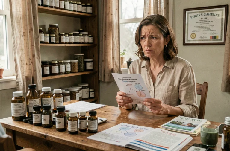 Femme sceptique en consultation face à un praticien de thérapie alternative douteuse dans un cabinet encombré de produits non certifiés