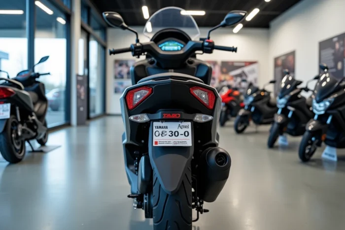 Yamaha TMAX 750 exposé dans une concession officielle Yamaha avec affichage de prix et intérieur showroom moderne