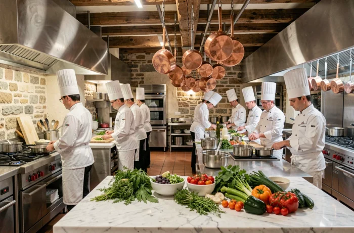 Une brigade de chefs cuisiniers français en toque blanche travaillant dans une grande cuisine gastronomique