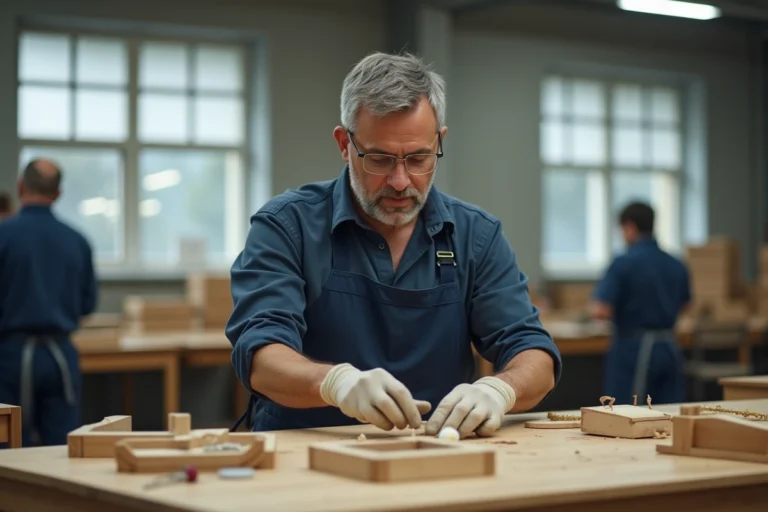 Travailleur en situation de handicap assemblant des pièces en bois dans un atelier ESAT professionnel en France