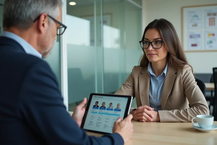 Professionnel et tuteur discutant de la gestion de plusieurs mesures de protection sur une tablette dans un bureau de services sociaux