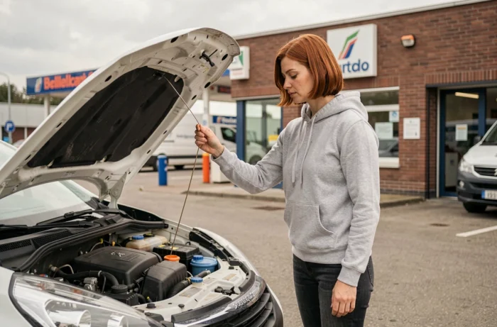 Femme vérifiant le niveau d'huile moteur de sa voiture avant le contrôle technique en Belgique