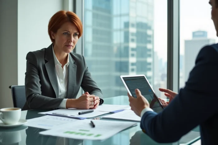 Femme examinant des documents d'investissement avec un conseiller financier dans un bureau moderne