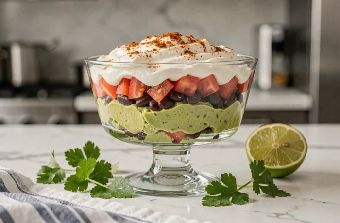 Verrine salée en couches à l'avocat, tomates et haricots noirs servie sur un plan de travail en marbre blanc