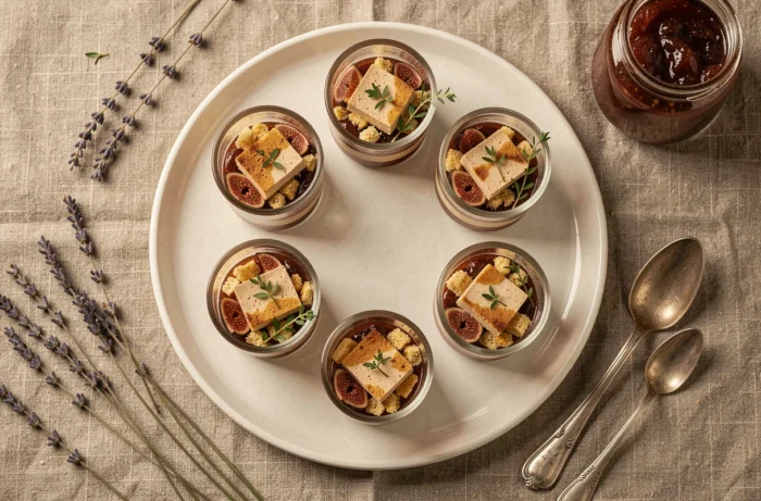 Six verrines salées au foie gras et confiture de figues disposées en vue de dessus sur un plateau blanc pour un repas de fête