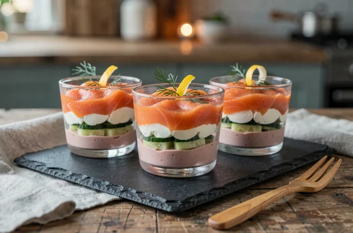 Trois verrines salées au saumon fumé et mousse de fromage frais présentées sur une ardoise noire pour un dîner élégant