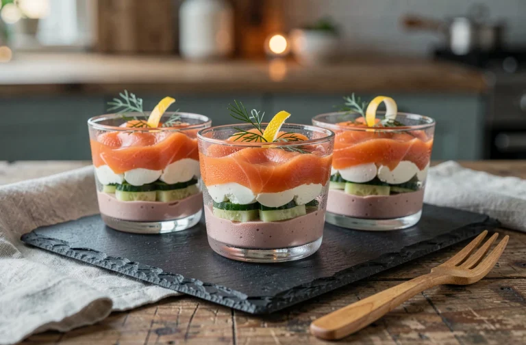 Trois verrines salées au saumon fumé et mousse de fromage frais présentées sur une ardoise noire pour un dîner élégant