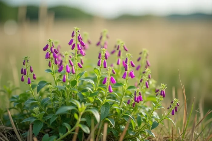 Vesce commune (Vicia sativa) grimpante avec ses fleurs rose-violet et ses gousses vertes entrelacées dans les herbes d'une prairie estivale