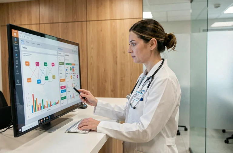 Vétérinaire femme consultant un tableau de bord de gestion numérique dans une clinique vétérinaire moderne