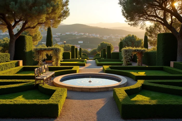 Jardin en parterres géométriques et fontaine en mosaïque de la villa de Florent Pagny perchée sur les collines du Portugal
