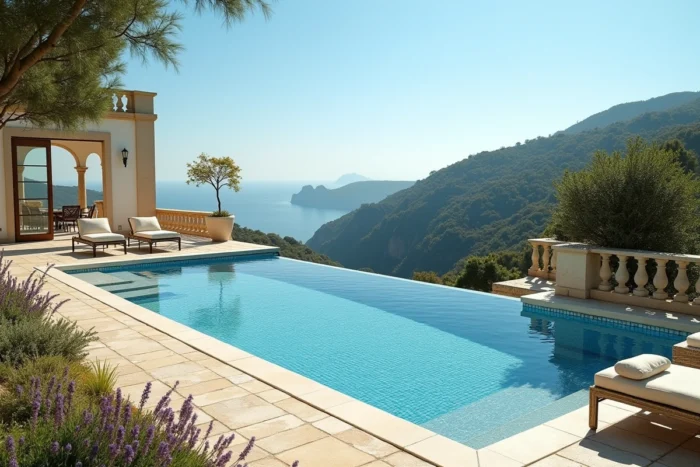 Piscine à débordement carrelée en azulejos de la villa de Florent Pagny avec vue panoramique sur la côte portugaise