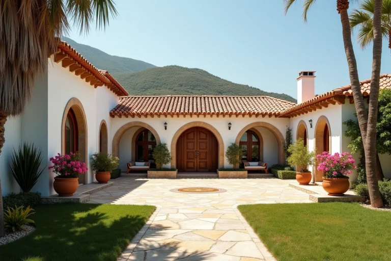 Vue extérieure de la somptueuse villa de Florent Pagny au Portugal avec façade en azulejos et jardin méditerranéen fleuri