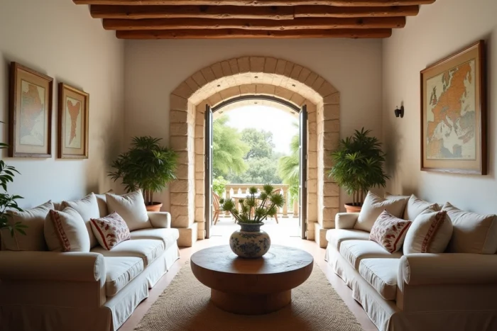 Intérieur raffiné du salon de la villa de Florent Pagny au Portugal avec poutres apparentes et mobilier portugais traditionnel