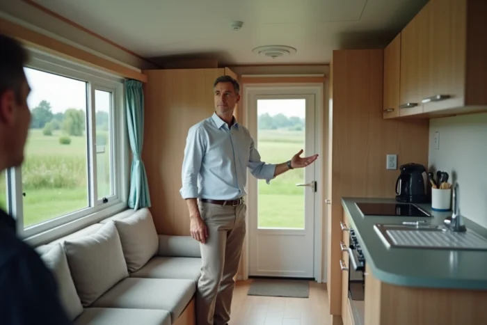 Agent immobilier présentant l'intérieur aménagé d'un mobil-home à un acheteur potentiel lors d'une visite sur un camping