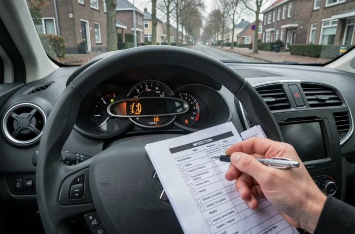 Tableau de bord d'une voiture avec voyant moteur allumé et checklist de préparation au contrôle technique