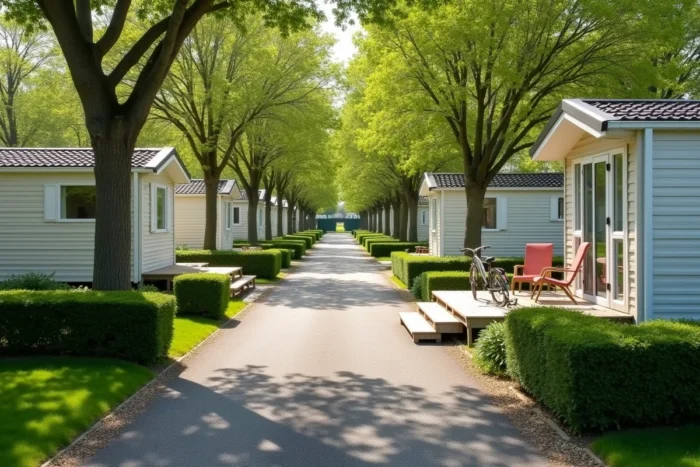 Vue d'ensemble d'un camping résidentiel avec plusieurs mobil-homes alignés le long d'une allée verdoyante et terrasses aménagées