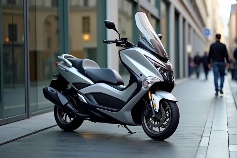 Yamaha TMAX 750 garé en ville sur une rue européenne moderne avec reflets sur pavé mouillé